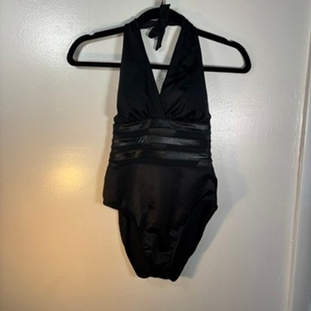 Miraclesuit One Piece Swimsuit Women Sz 12 Black Mesh Inset Halter Neck Slimming - Picture 2 of 8